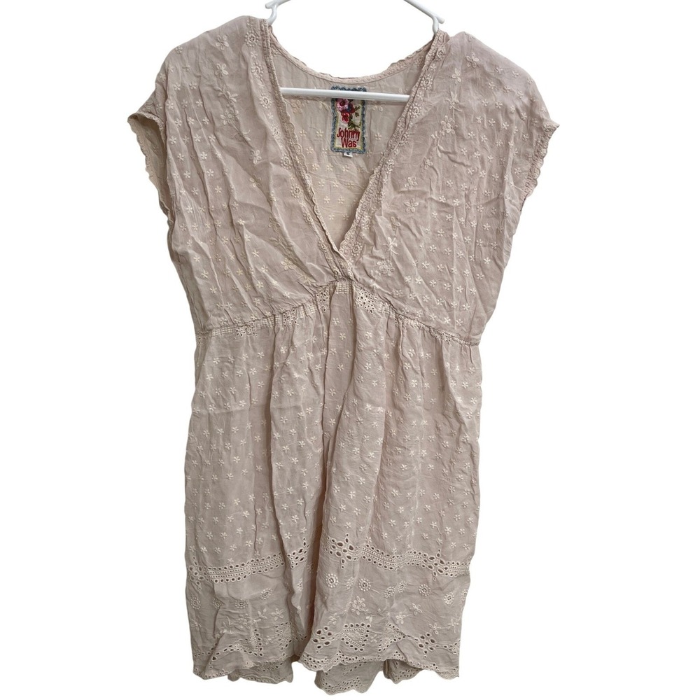Johnny Was Cupro Embroidered Baby Pink Tunic Babydoll Top Boho Coquette Dainty S